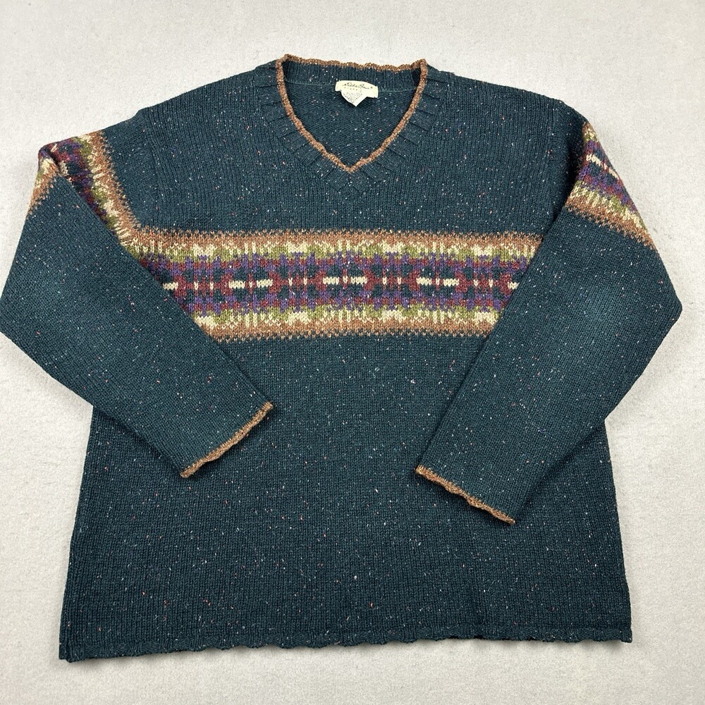 Vintage Eddie Bauer Sweater Women Medium Green Aztec Knit Pullover Wool M